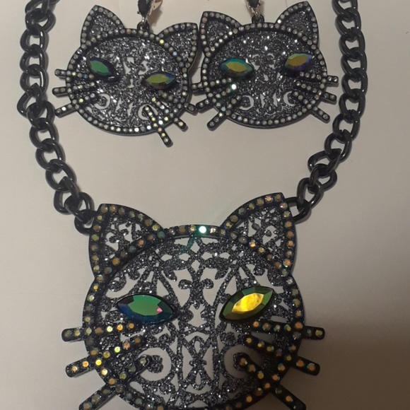 Betsey Johnson Jewelry - Betsey Johnson cat neclace and cat drop earnings